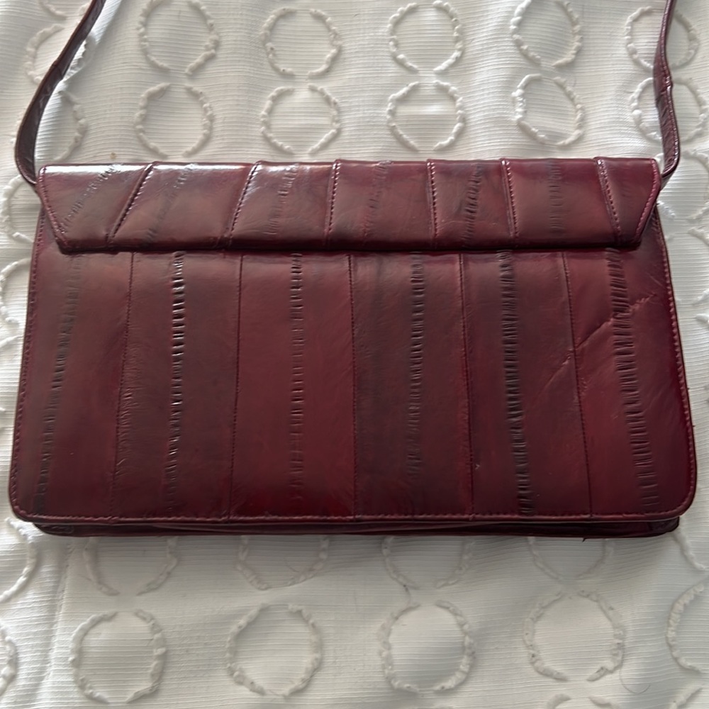 Vintage 70s RARE Eel Skin Leather Maroon Shoulder Bag Purse - Picture 4 of 7